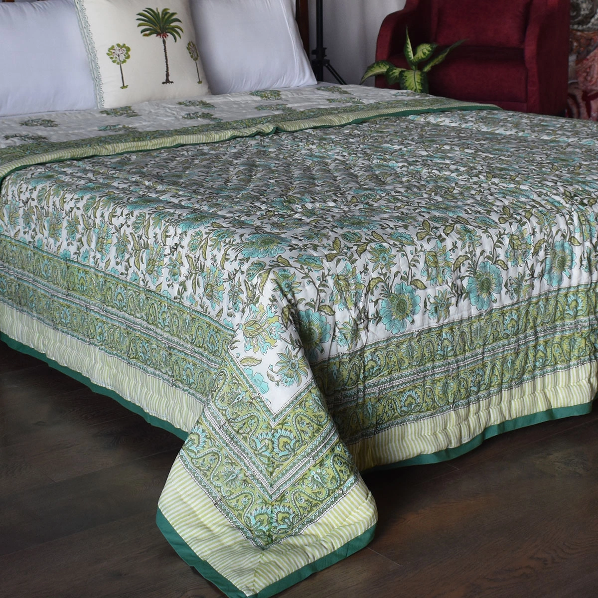 Hand Block Printed Cotton Queen Size Quilt Gulbahar Aqua 260115