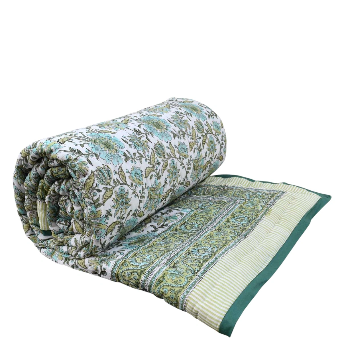 Hand Block Printed Cotton Queen Size Quilt Gulbahar Aqua 260115