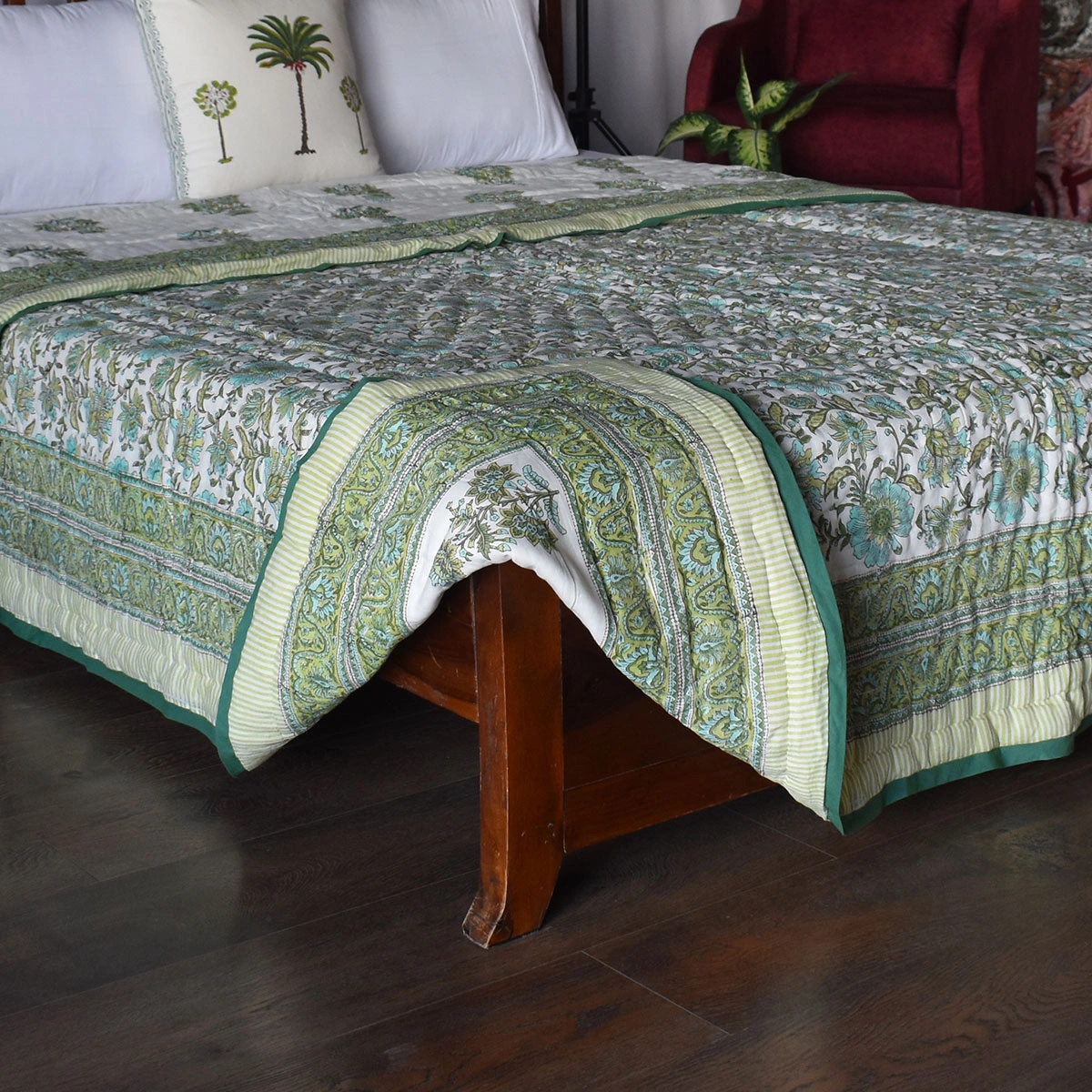 Hand Block Printed Cotton Queen Size Quilt Gulbahar Aqua 260115