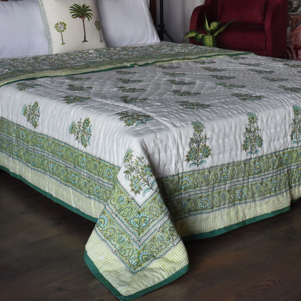 Hand Block Printed Cotton Queen Size Quilt Gulbahar Aqua 260115