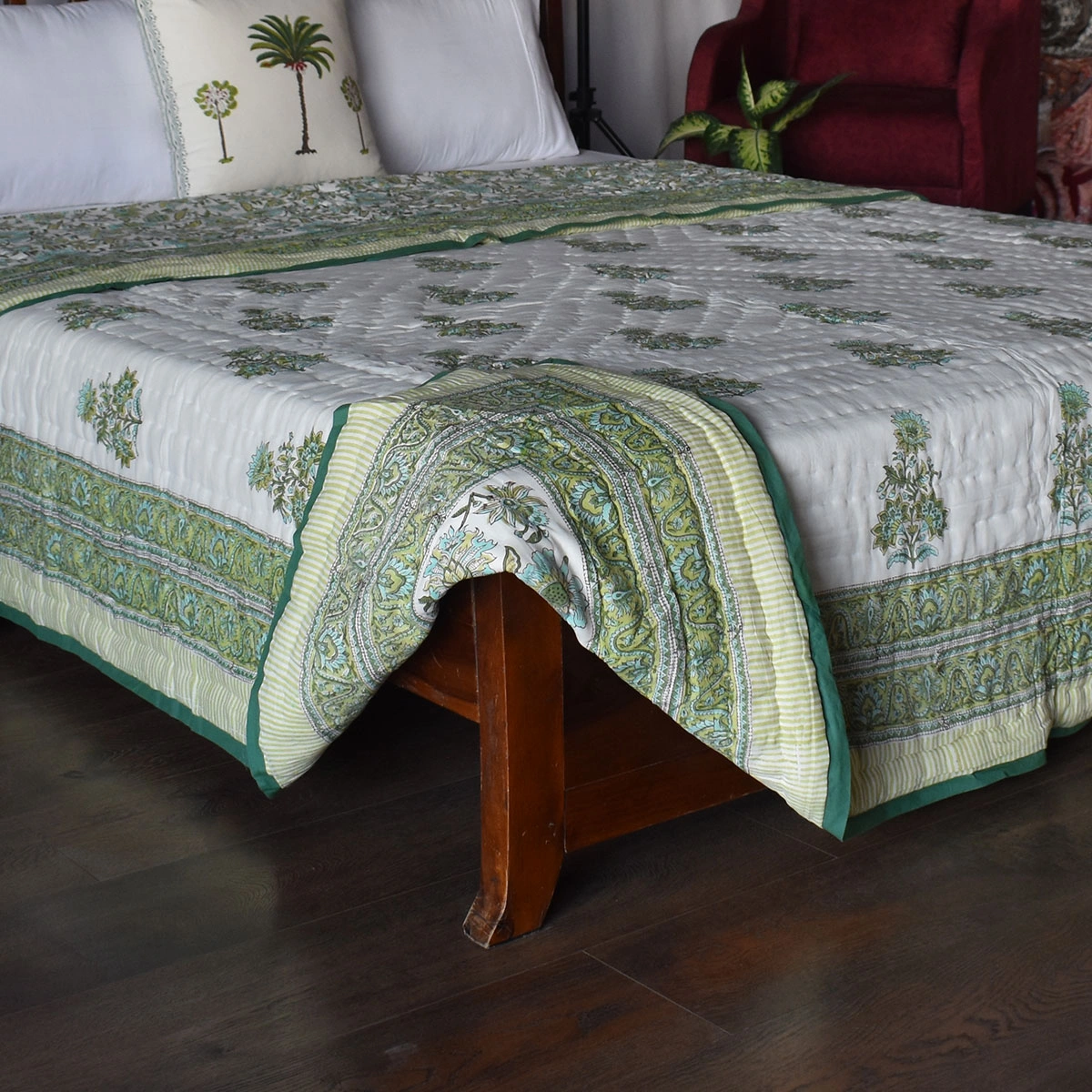 Hand Block Printed Cotton Queen Size Quilt Gulbahar Aqua 260115