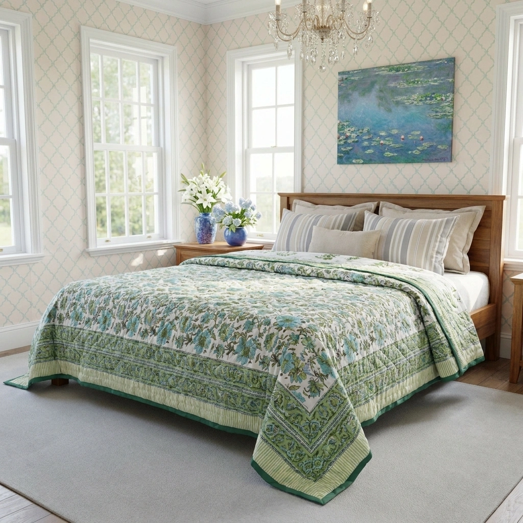 Hand Block Printed Cotton Queen Size Quilt Gulbahar Aqua 260115