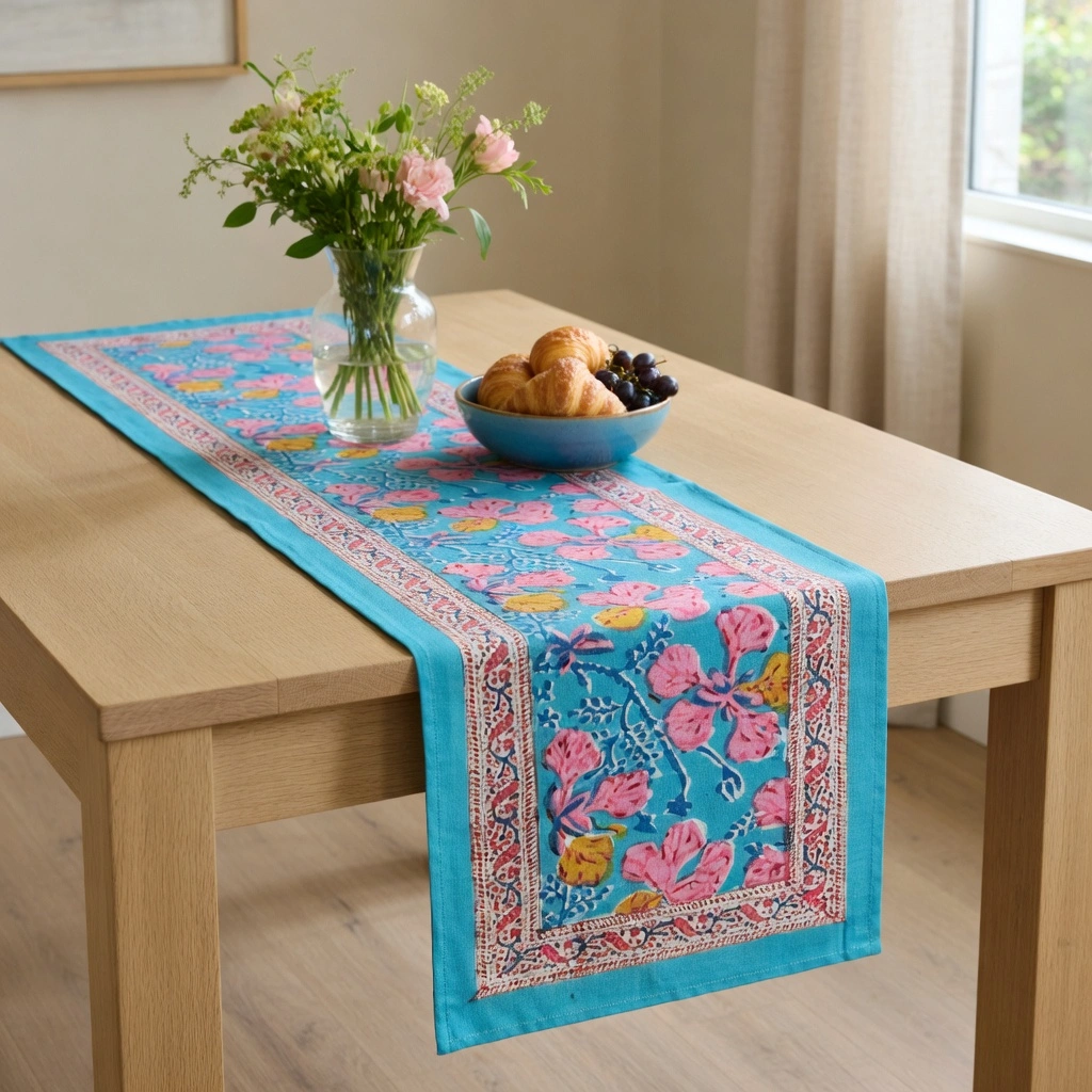 Hand Block Printed Cotton Canvas Table Runner 33x170 cms Gulmohar Gud 205257
