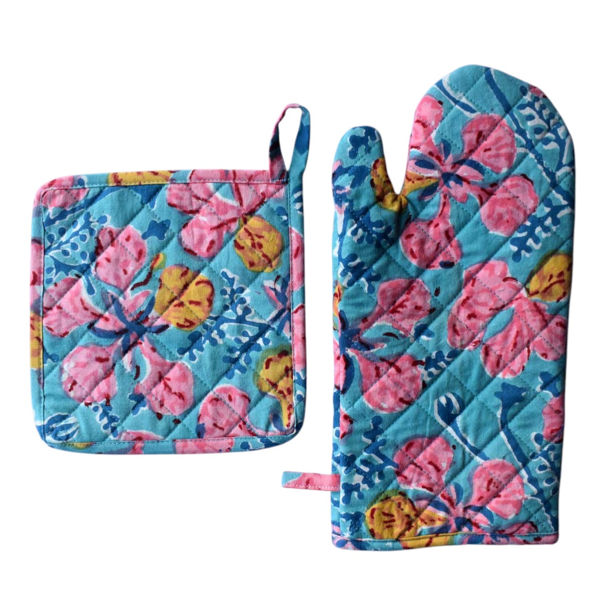Artisan-Made Hand Block Printed Oven Mitt and Pot Holder Set Gulmohar Gud 206278