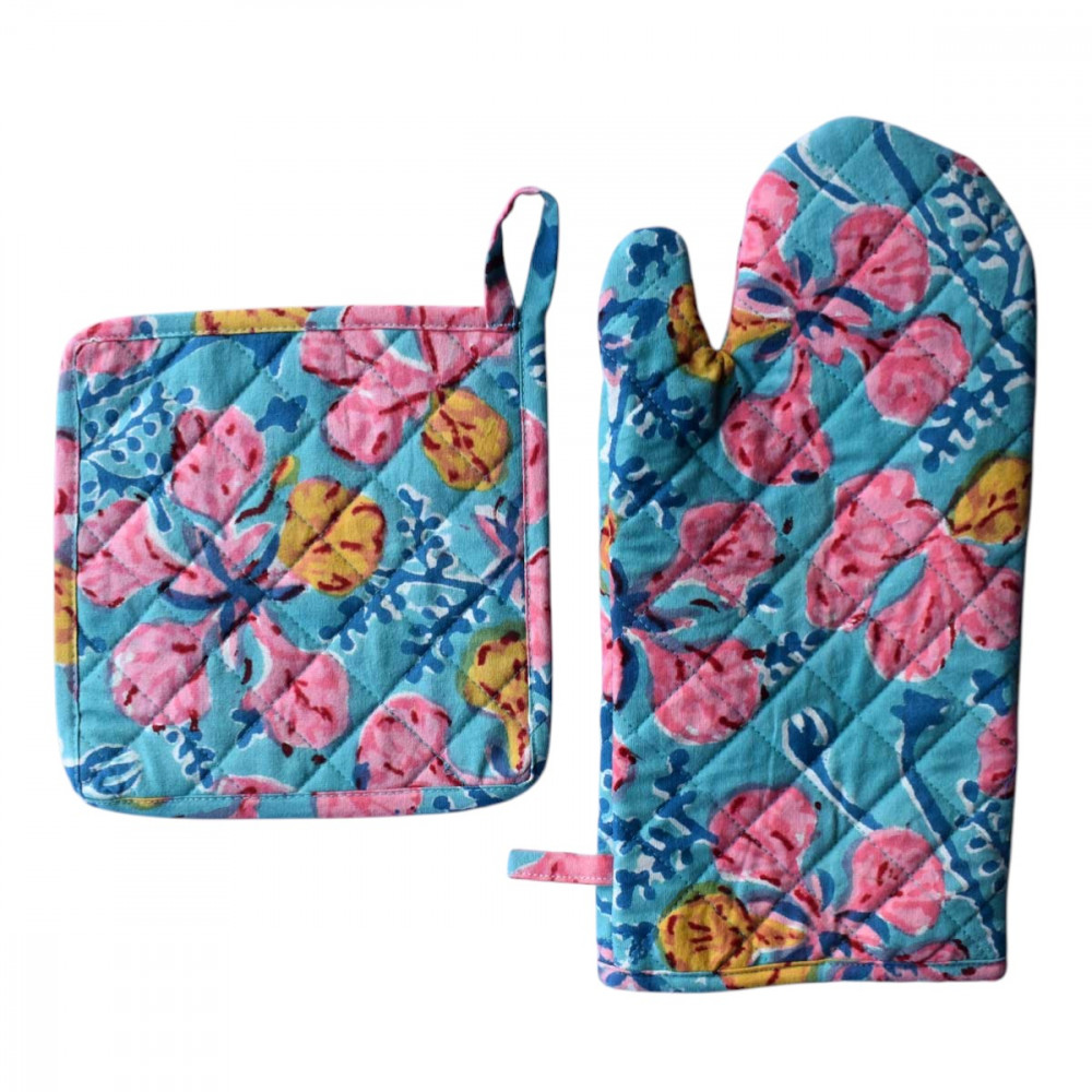 Image of Artisan-Made Hand Block Printed Oven Mitt and Pot Holder Set | Gulmohar Gud 206278