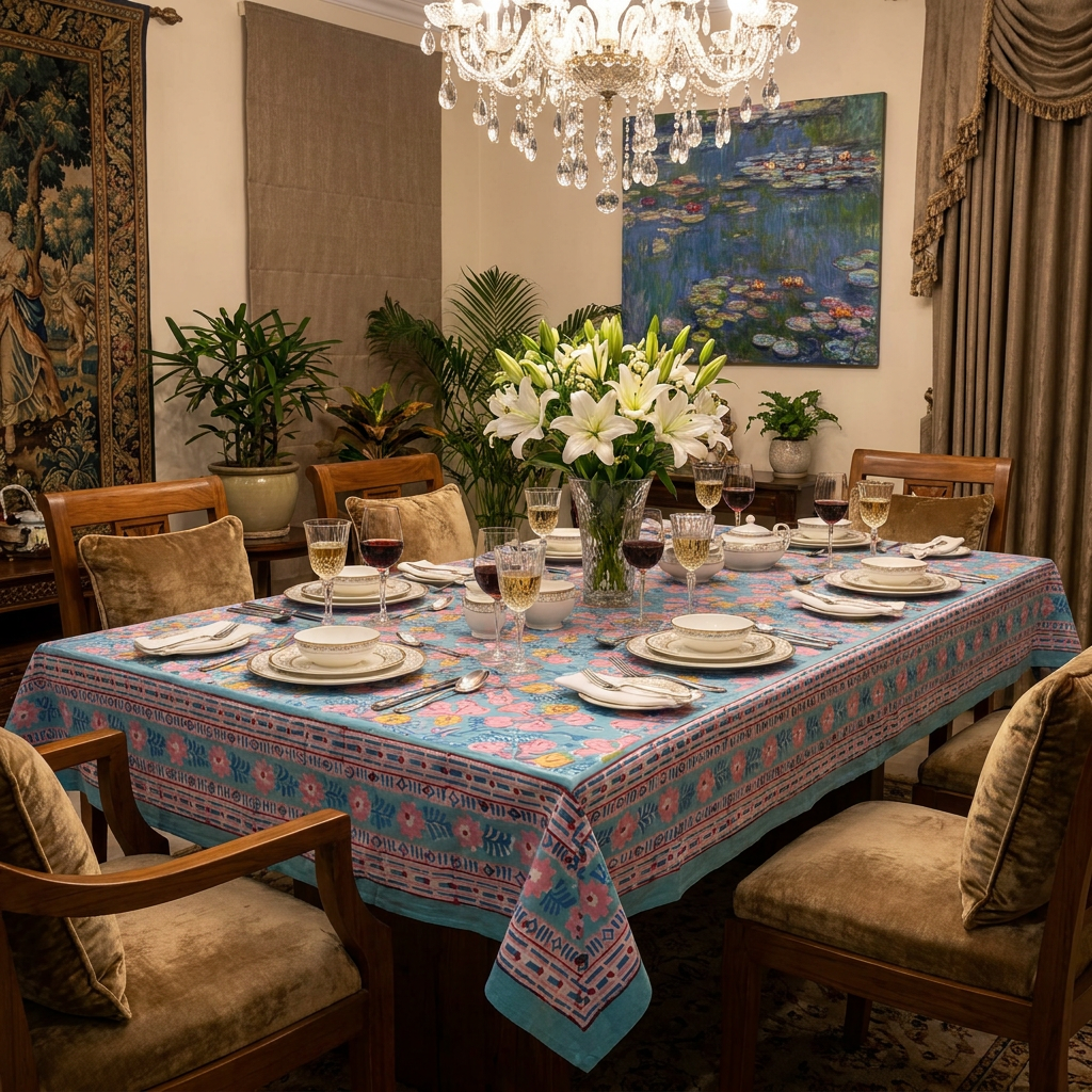 Hand Block Printed Cotton Tablecloth 150x220 cms Gulmohar Gud 206310