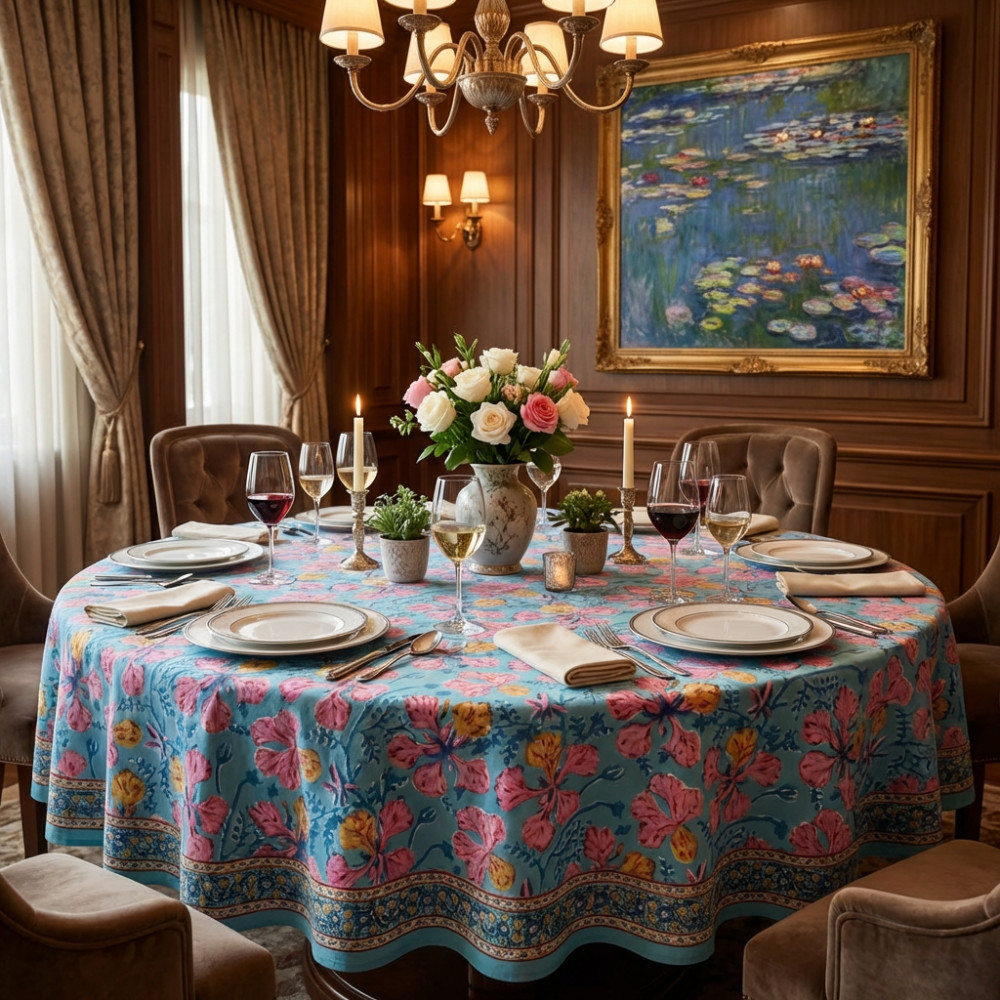 Image of Hand Block Printed Cotton Round Tablecloth 275 cms | Gulmohar Gud 206384