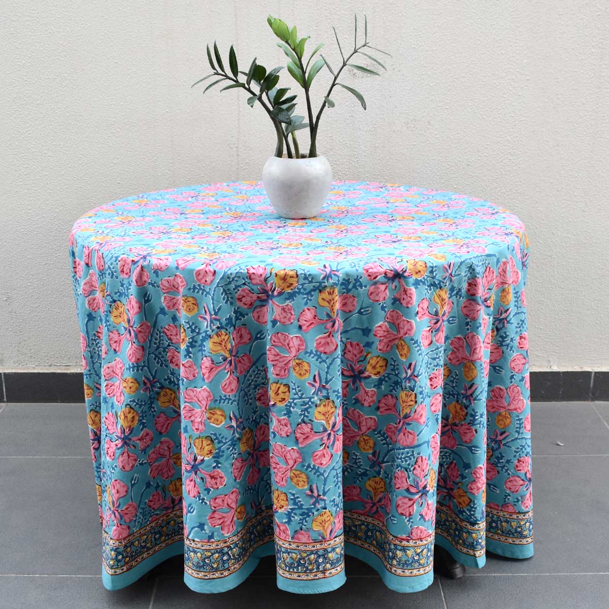 Hand Block Printed Cotton Round Tablecloth 275 cms Gulmohar Gud 206384
