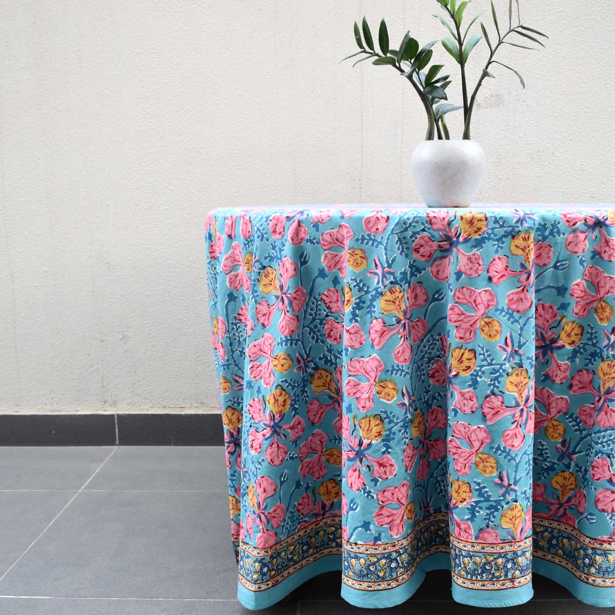 Hand Block Printed Cotton Round Tablecloth 275 cms Gulmohar Gud 206384