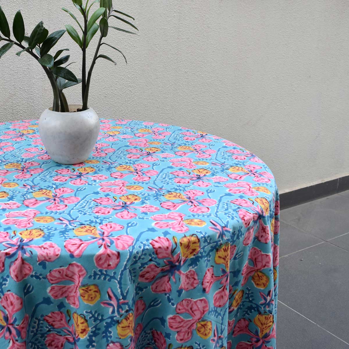 Hand Block Printed Cotton Round Tablecloth 275 cms Gulmohar Gud 206384