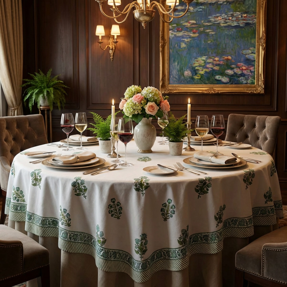 Image of Hand Block Printed Cotton Round Tablecloth 275 cms | Hari Bagia Boota 605180