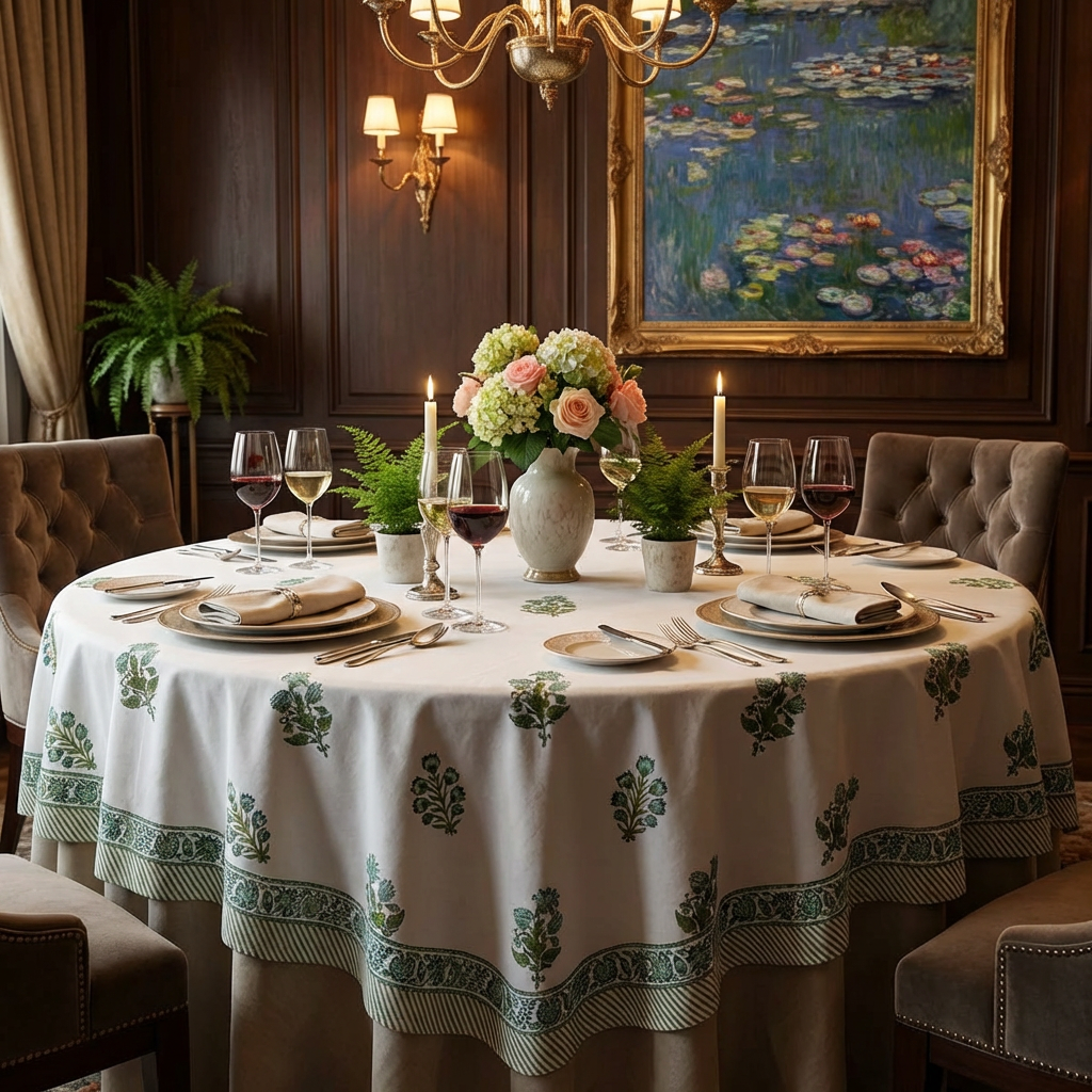 Hand Block Printed Cotton Round Tablecloth 180 cms Hari Bagia Boota 605180