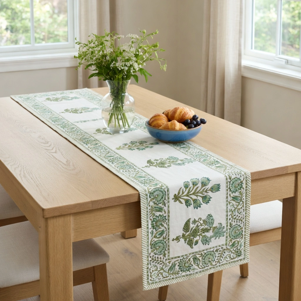 Hand Block Printed Cotton Canvas Table Runner 33x170 cms Hari Bagia Boota 605180