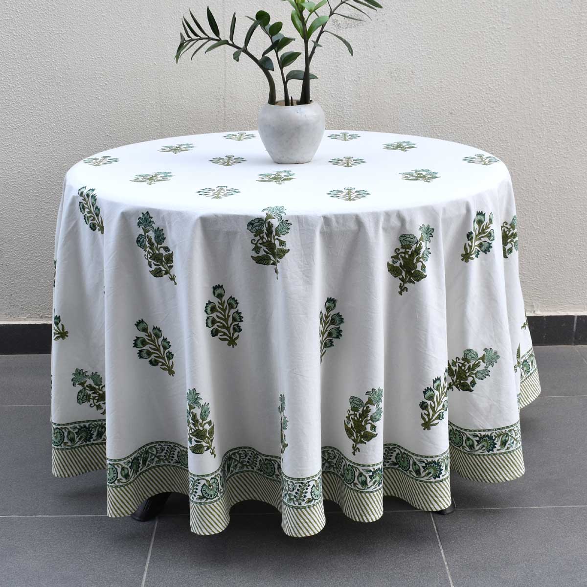 Hand Block Printed Cotton Round Tablecloth 180 cms  Hari Bagia Boota 605180