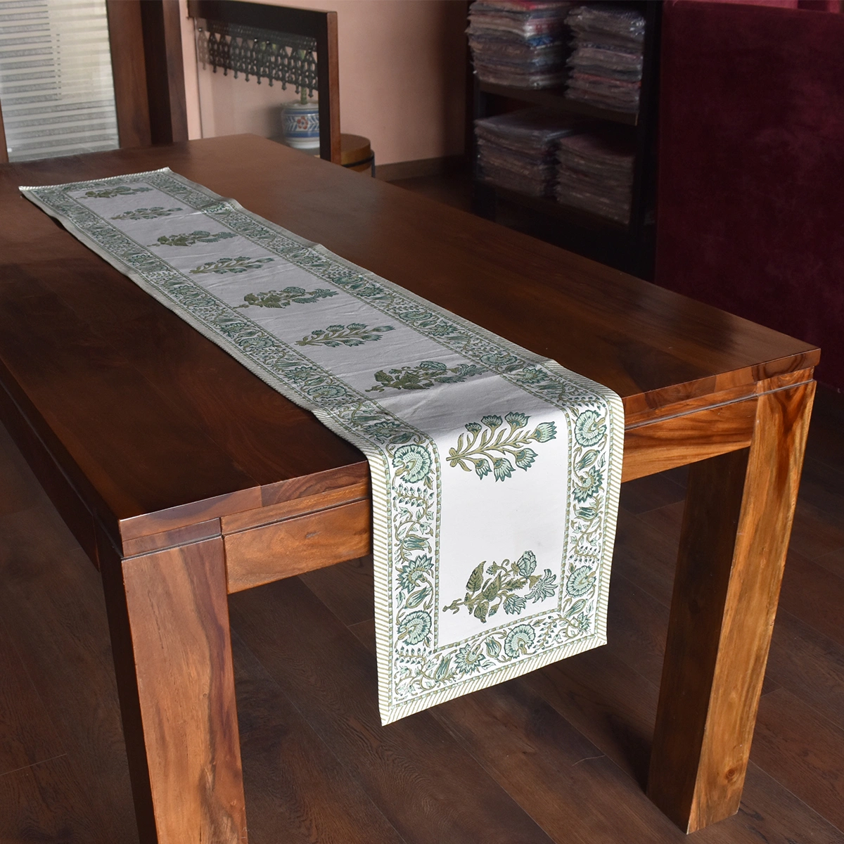 Hand Block Printed Cotton Canvas Table Runner 33x170 cms Hari Bagia Boota 605180