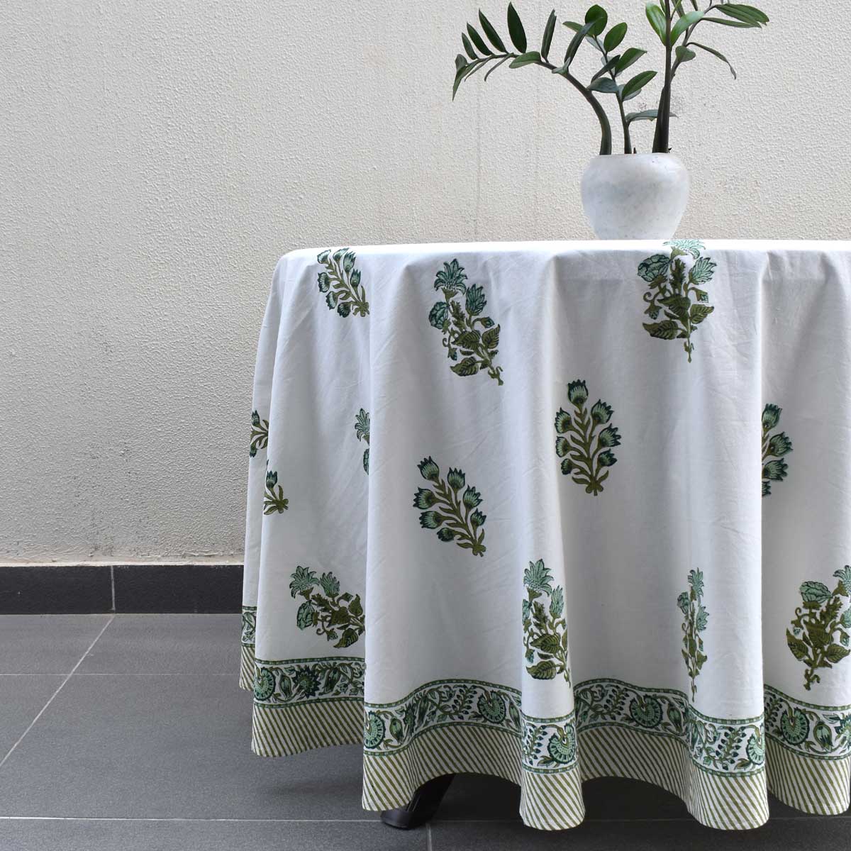 Hand Block Printed Cotton Round Tablecloth 180 cms  Hari Bagia Boota 605180
