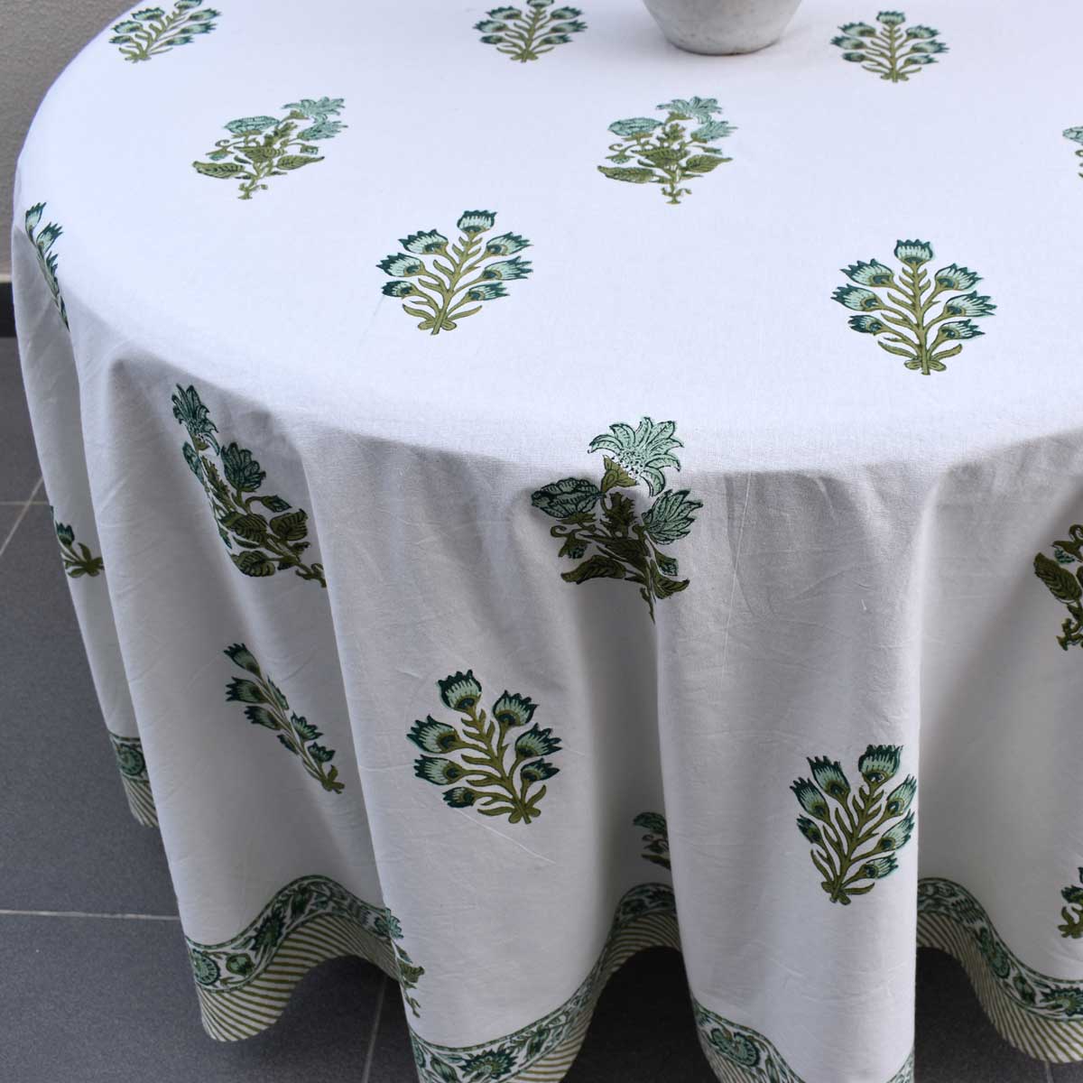 Hand Block Printed Cotton Round Tablecloth 180 cms  Hari Bagia Boota 605180