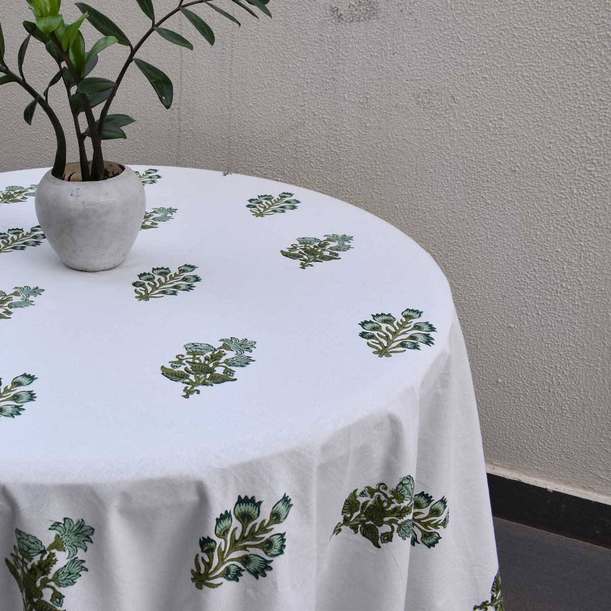 Hand Block Printed Cotton Round Tablecloth 180 cms  Hari Bagia Boota 605180