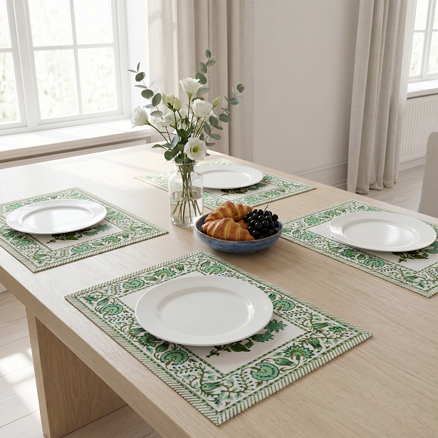 Hand Block Printed Cotton Canvas Table Mat 32x48 cms Set of 2 Table mats Hari Bagia Boota 605180