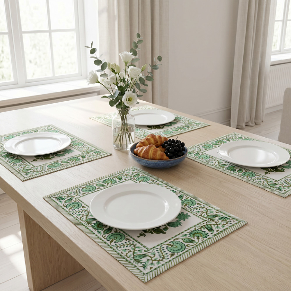 Image of Hand Block Printed Cotton Canvas Table Mat 32x48 cms (Set of 2 Table mats) | Hari Bagia Boota 605180