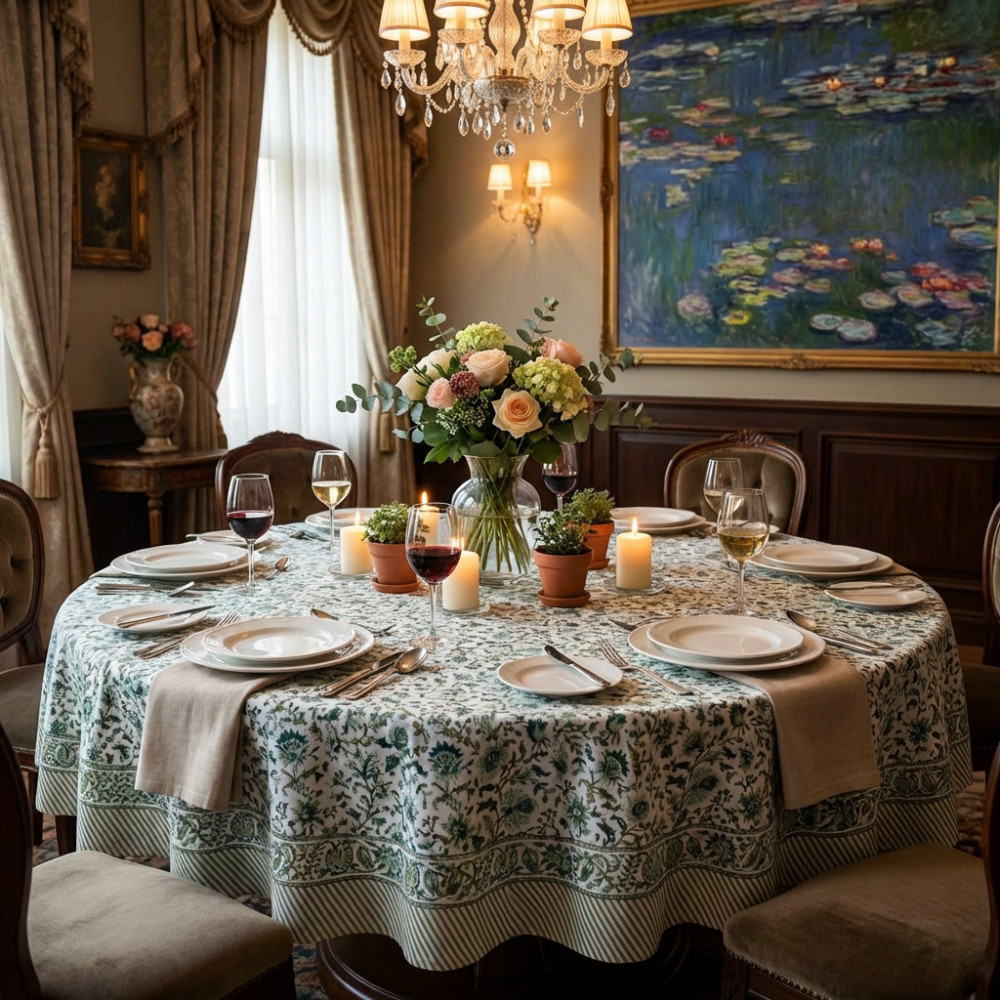 Image of Hand Block Printed Cotton Round Tablecloth 150 cms | Hari Bagia Jaal 605170