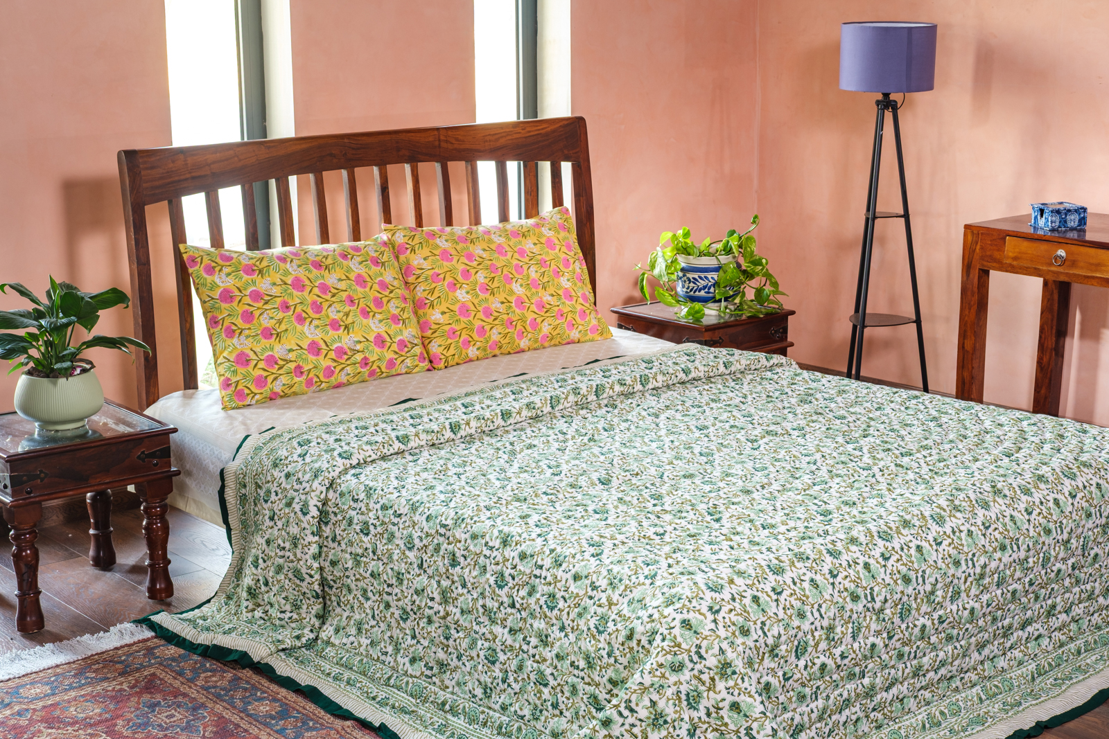 Hand Block Printed Cotton Quilt King Size  Hari Bagia Jaal 605170
