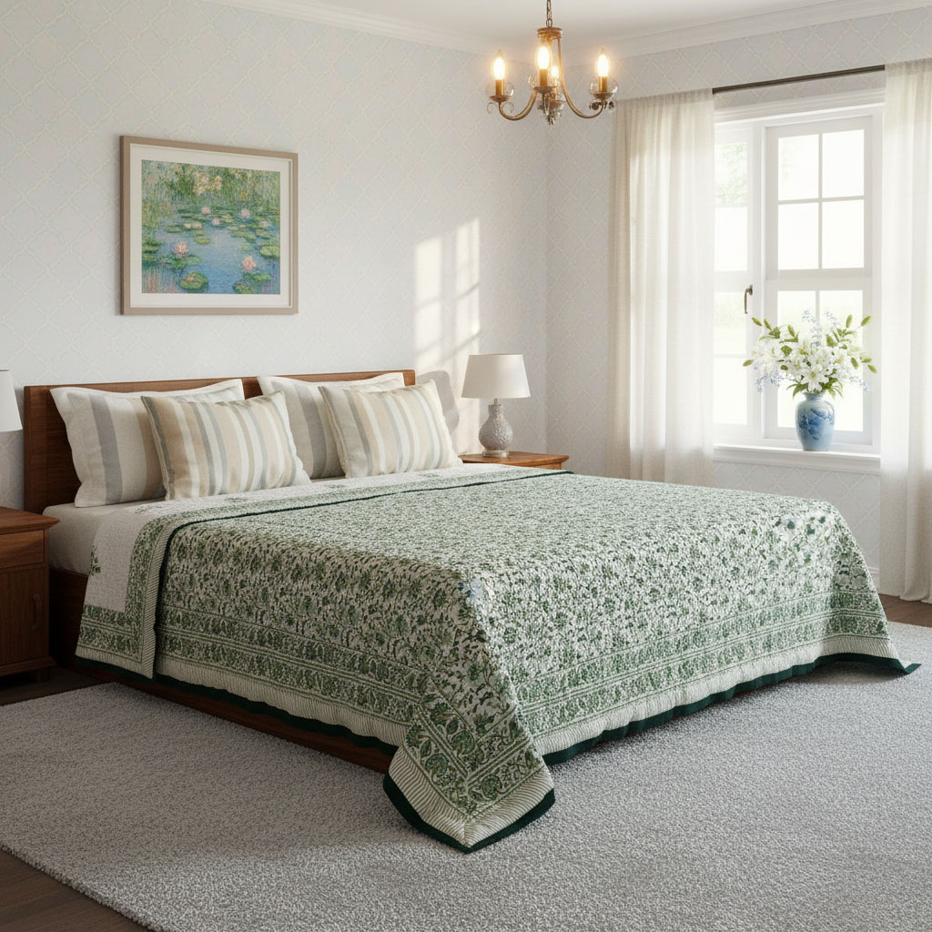 Hand Block Printed Cotton Quilt King Size  Hari Bagia Jaal 605170