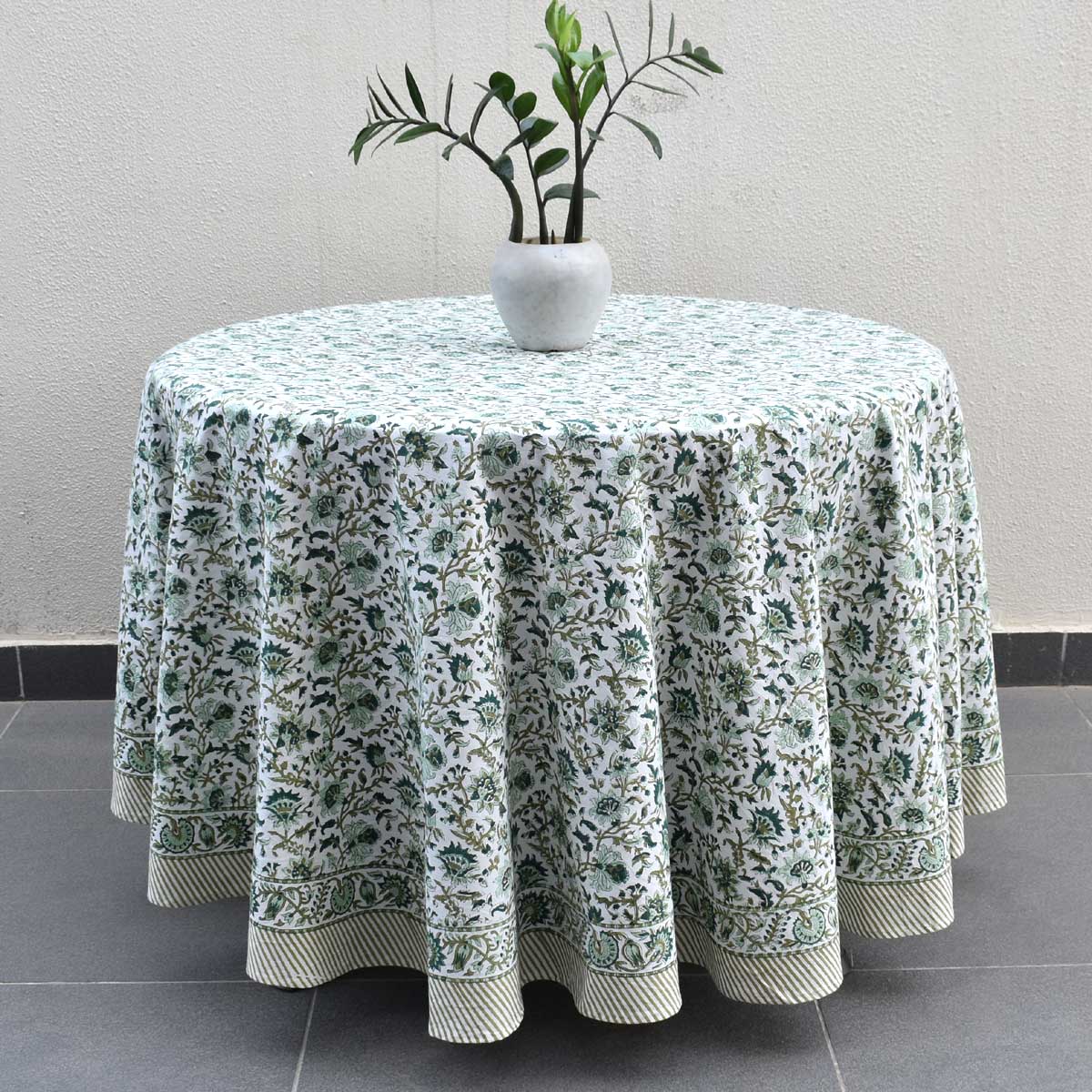 Hand Block Printed Cotton Round Tablecloth 150 cms  Hari Bagia Jaal 605170