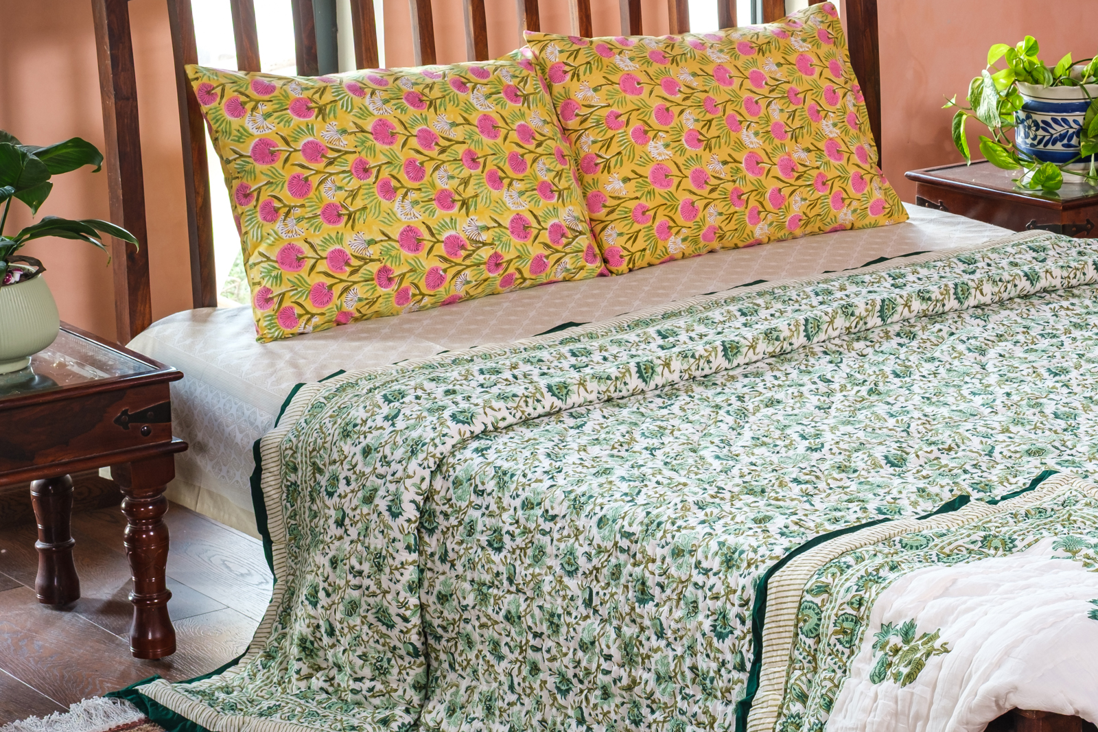 Hand Block Printed Cotton Quilt King Size  Hari Bagia Jaal 605170