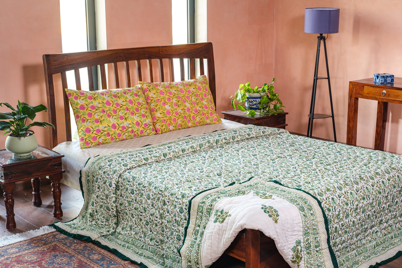 Hand Block Printed Cotton Quilt King Size Hari Bagia Jaal 605170