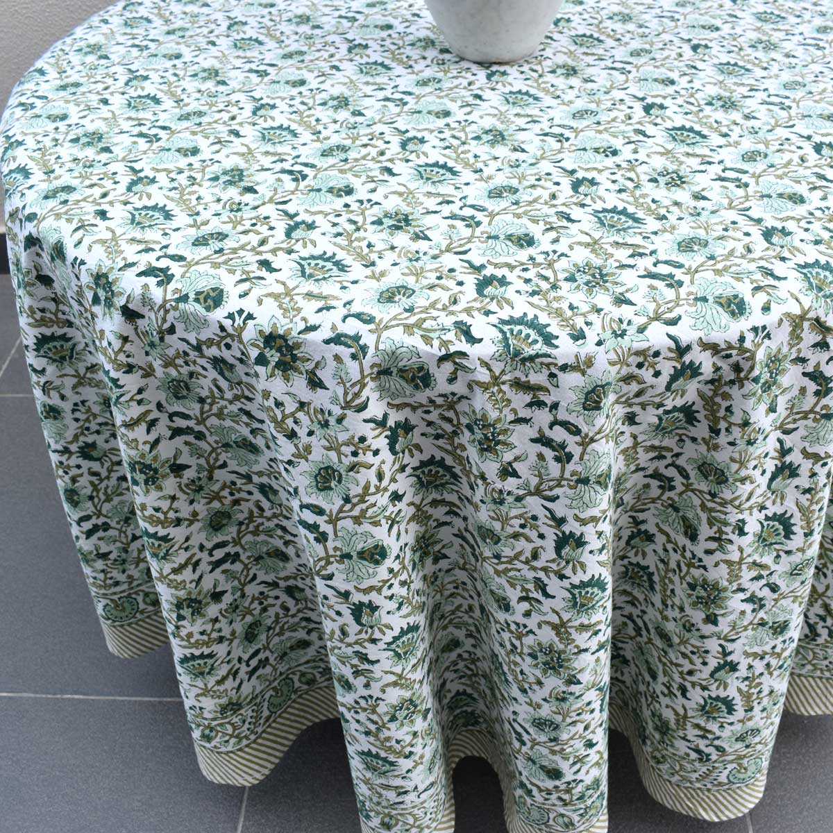 Hand Block Printed Cotton Round Tablecloth 150 cms Hari Bagia Jaal 605170