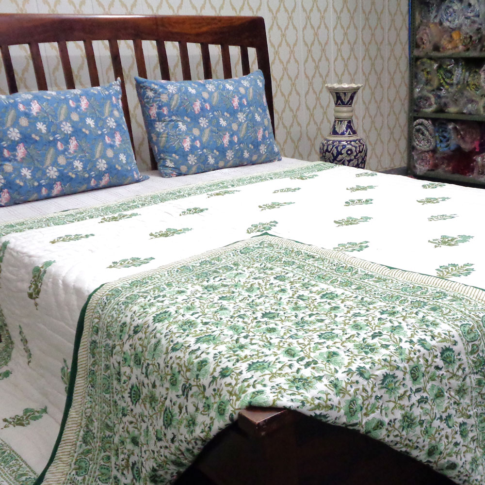 Hand Block Printed Cotton Queen Size Quilt Hari Bagia Jaal 605170