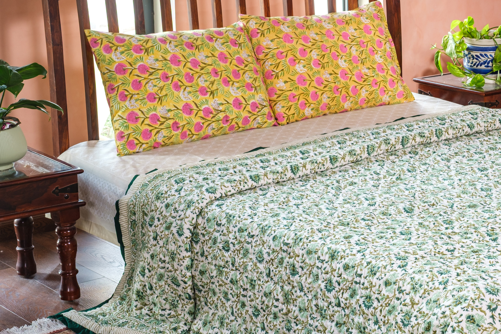 Hand Block Printed Cotton Quilt King Size  Hari Bagia Jaal 605170