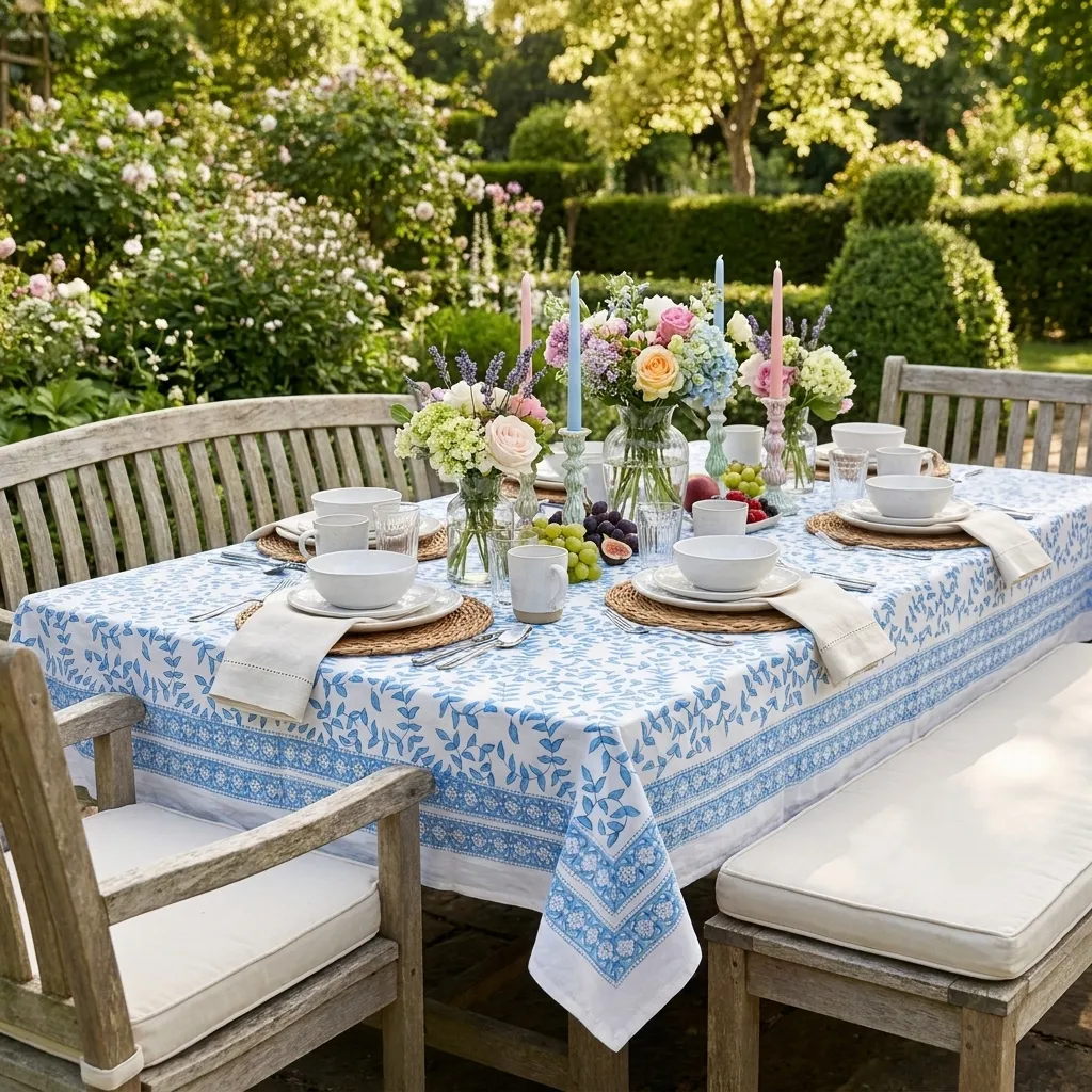 Hand Block Printed Cotton Tablecloth 150x150 cms Harmony Blue Open 260417