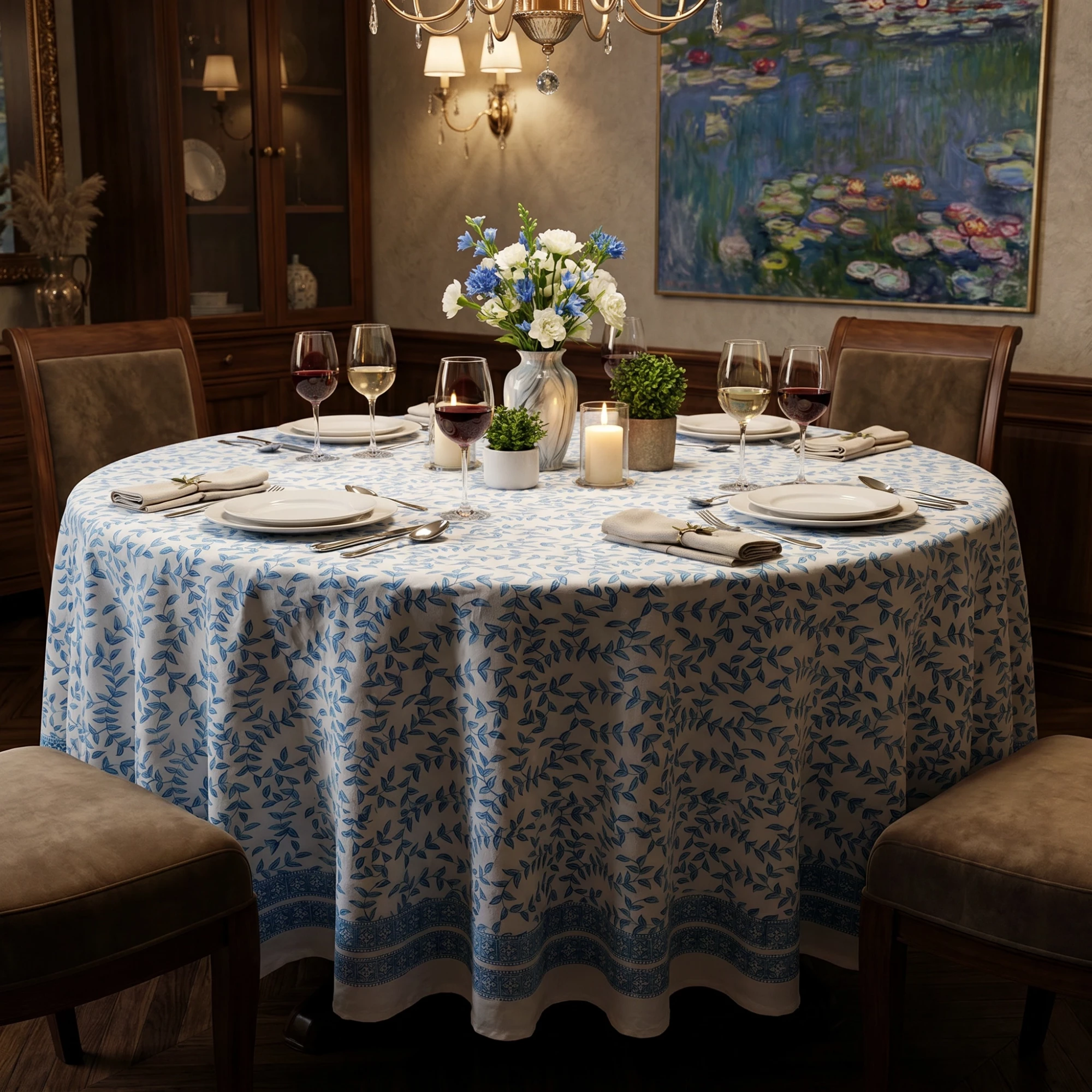 Round 180 cms Cotton French Design Table Cover Harmony Blue Open 260417