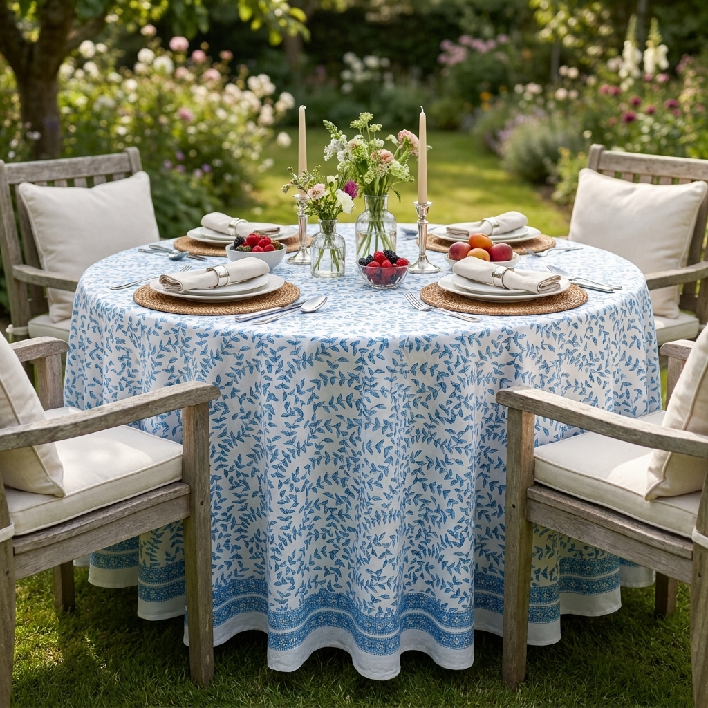 Round 220 cms Cotton French Design Table Cover Harmony Blue Open 260417