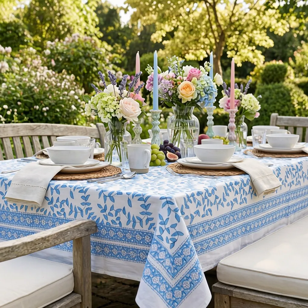 Hand Block Printed Cotton Tablecloth 150x150 cms Harmony Blue Open 260417