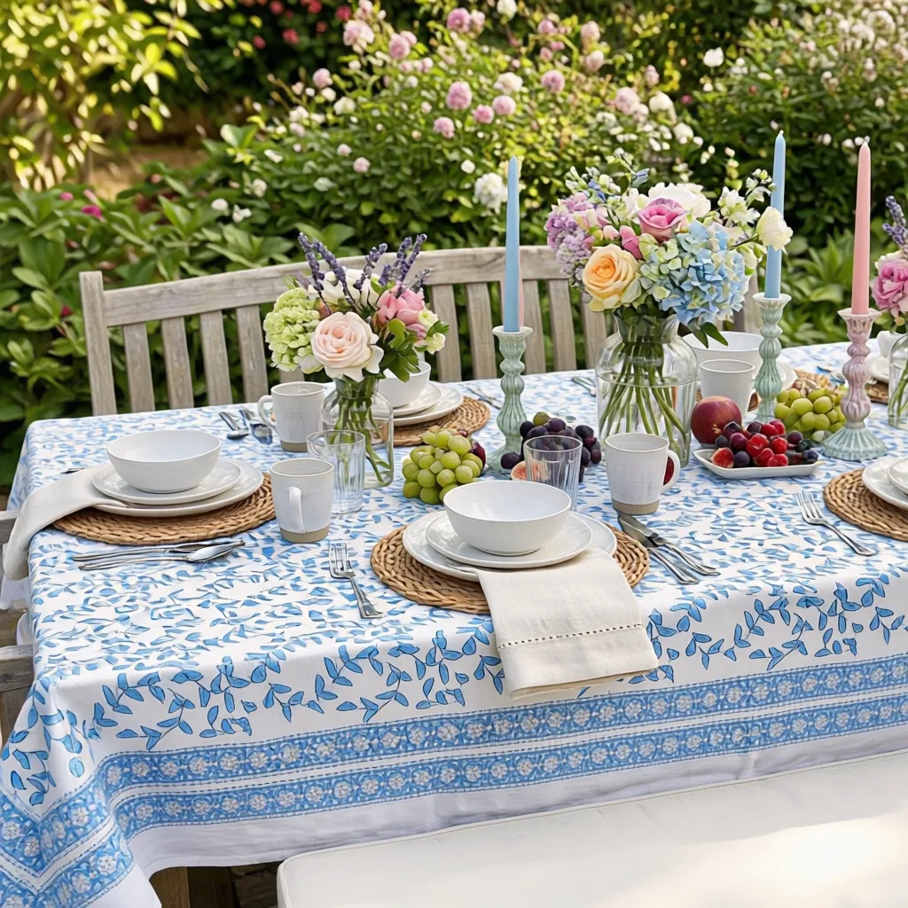 Hand Block Printed Cotton Tablecloth 150x150 cms Harmony Blue Open 260417