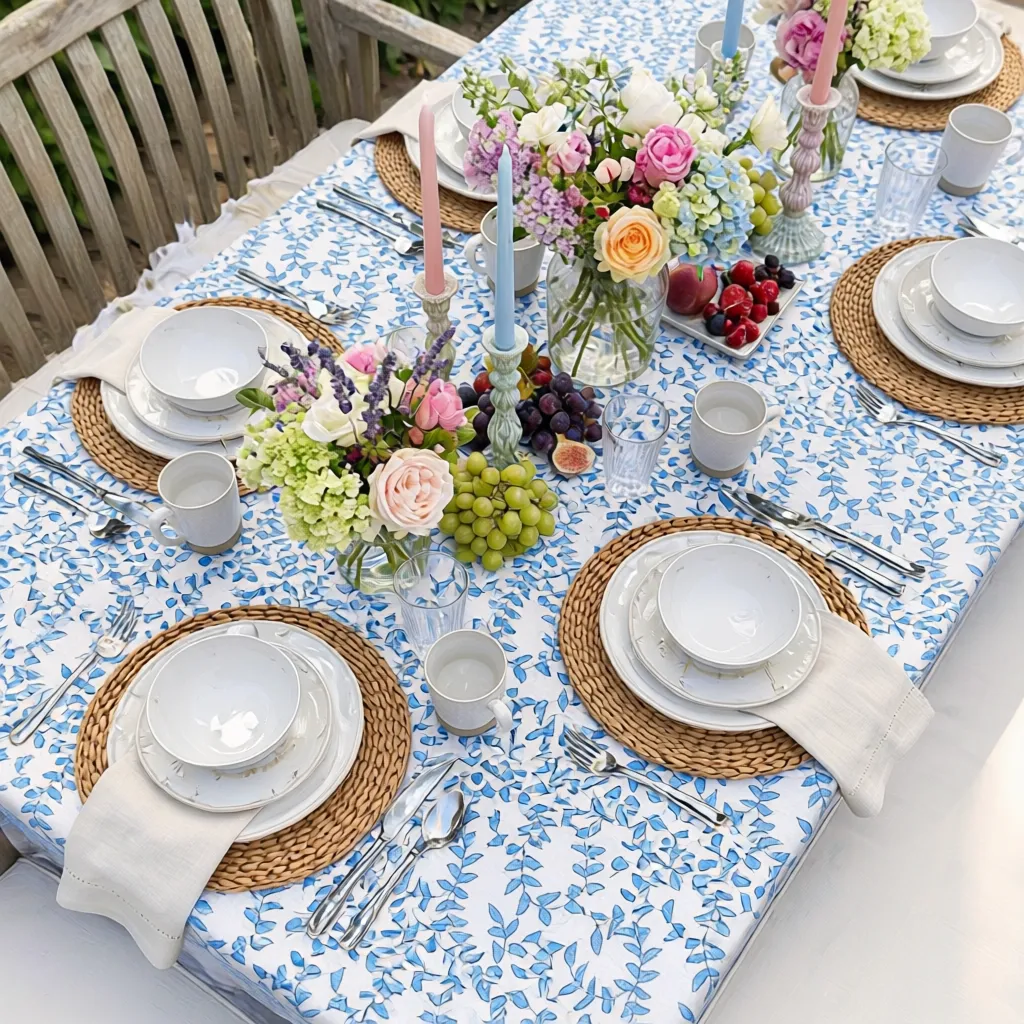 Hand Block Printed Cotton Tablecloth 150x150 cms Harmony Blue Open 260417
