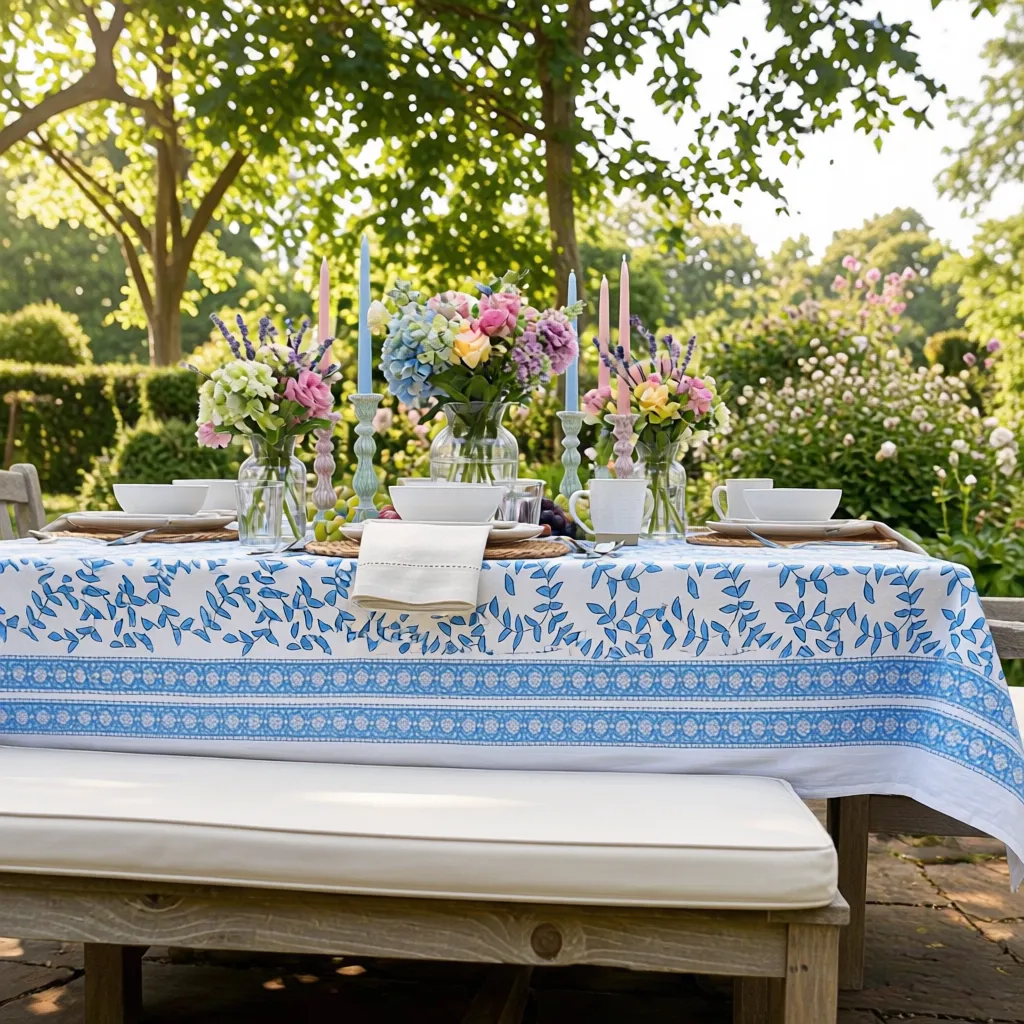 Hand Block Printed Cotton Tablecloth 150x150 cms Harmony Blue Open 260417