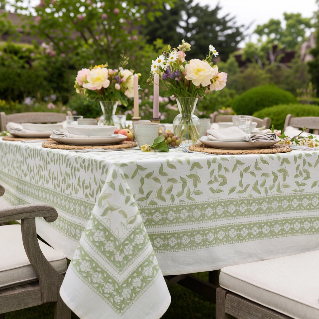 Hand Block Printed Cotton Tablecloth 150x220 cms Harmony Green 260418