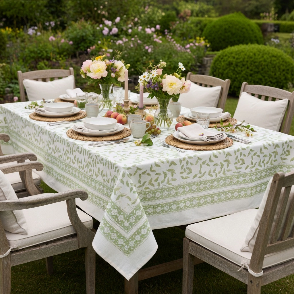 Hand Block Printed Cotton Tablecloth 150x220 cms Harmony Green 260418