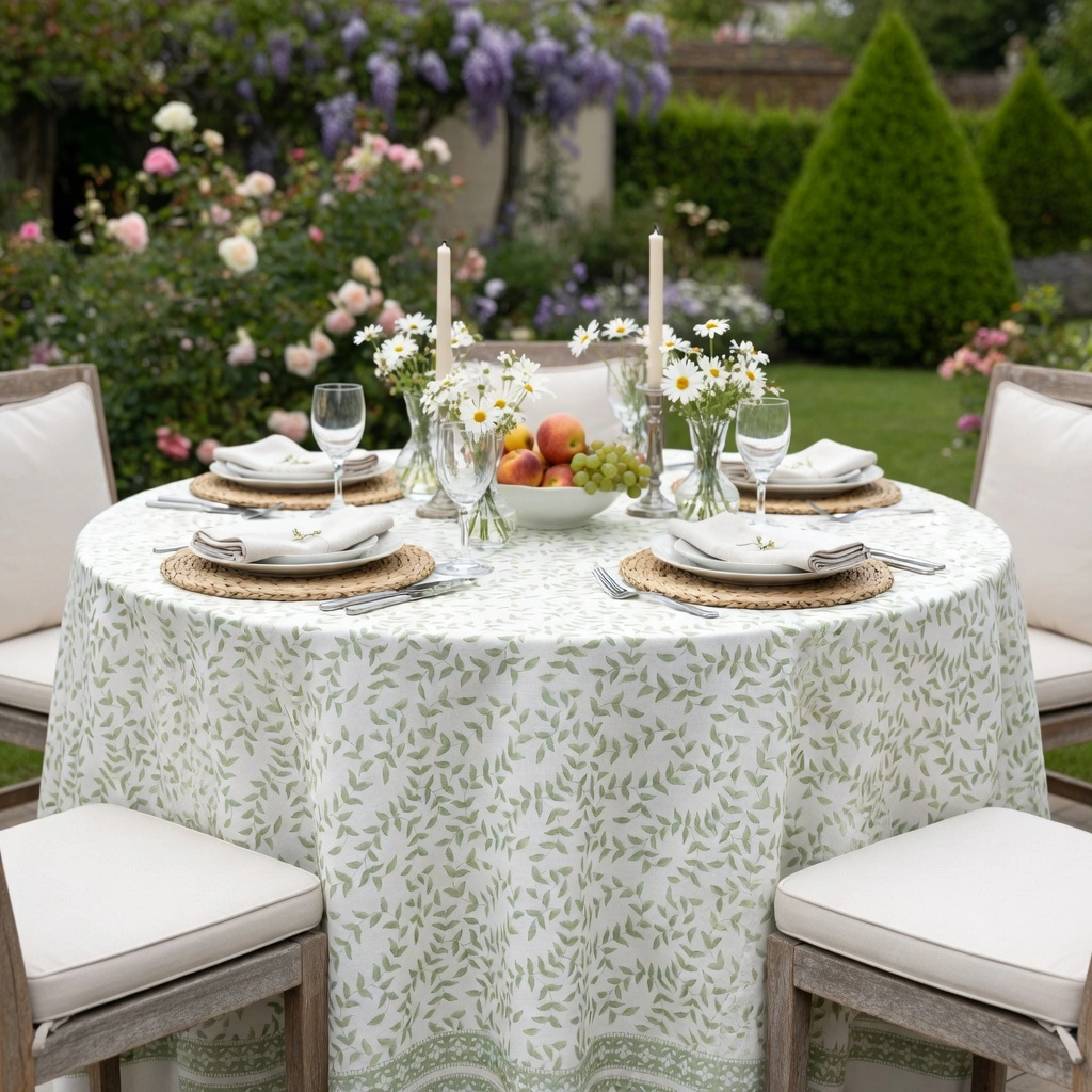 Round 220 cms Cotton French Design Table Cover  Harmony Green Fill 260418