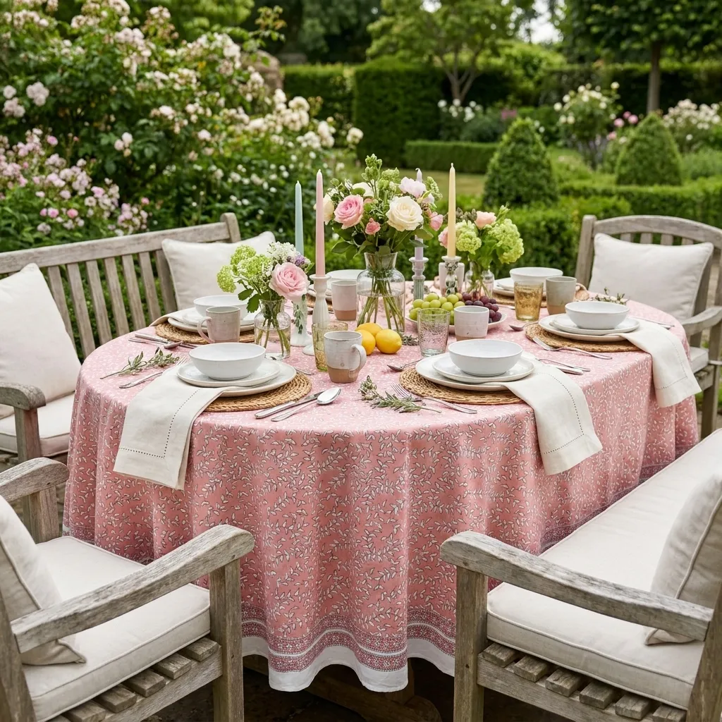 Round 220 cms Cotton French Design Table Cover Harmony Peach Fill 260415