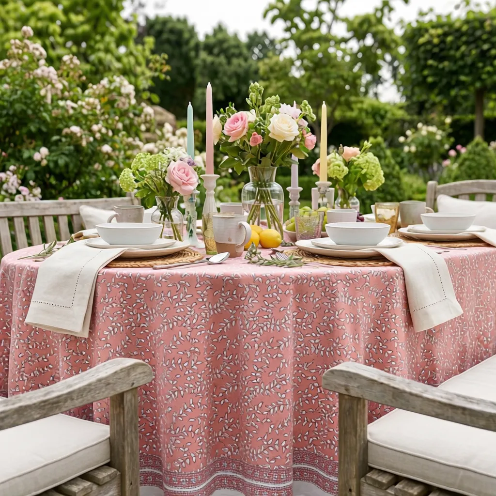 Round 220 cms Cotton French Design Table Cover Harmony Peach Fill 260415