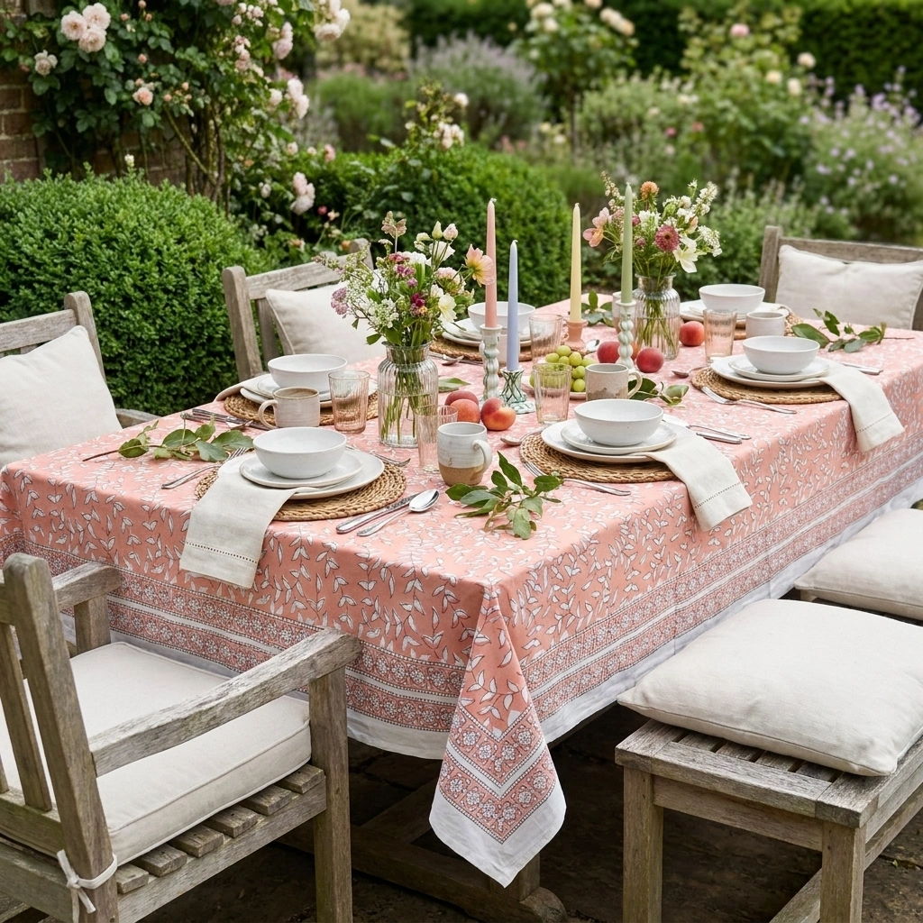 Hand Block Printed Cotton Tablecloth 150x220 cms Harmony Peach Fill 260415