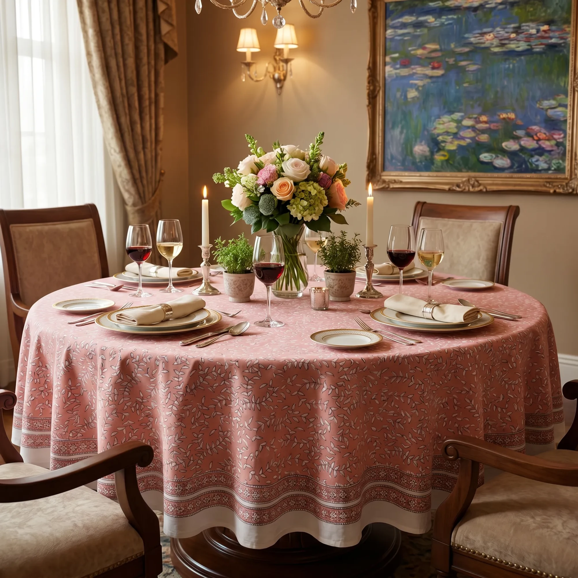 Round 220 cms Cotton French Design Table Cover Harmony Peach Fill 260415