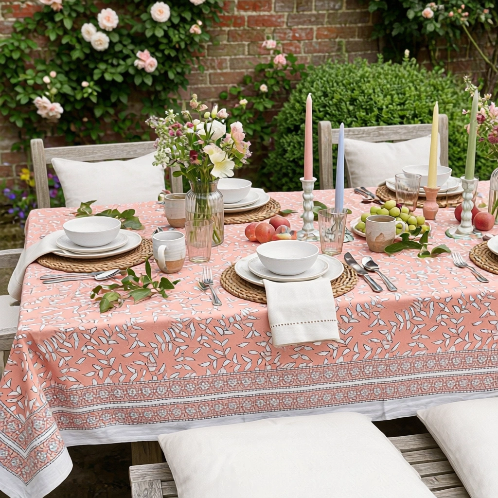 Hand Block Printed Cotton Tablecloth 150x220 cms Harmony Peach Fill 260415