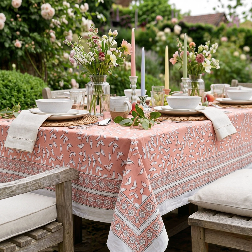 Hand Block Printed Cotton Tablecloth 150x220 cms Harmony Peach Fill 260415