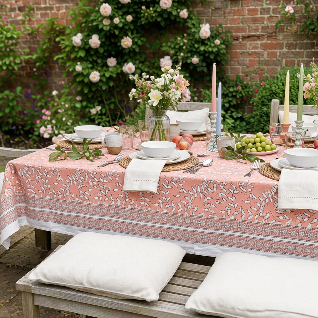 Hand Block Printed Cotton Tablecloth 150x220 cms Harmony Peach Fill 260415